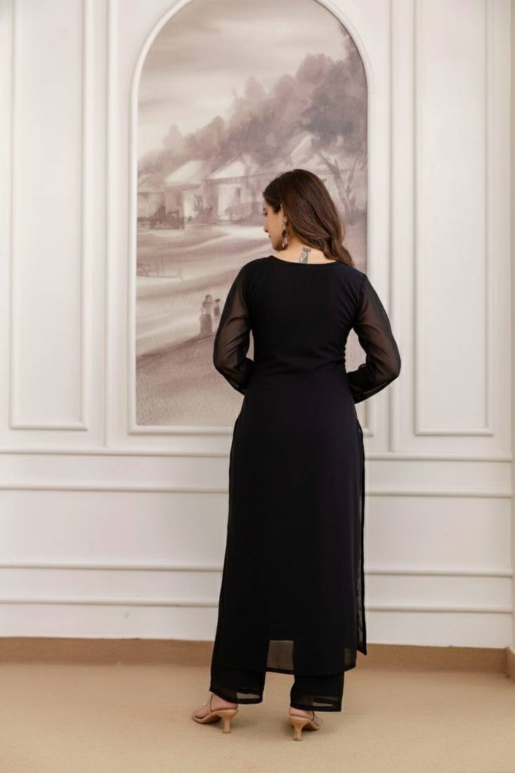 Black embroidered georgette thread work ethnic-kurtis