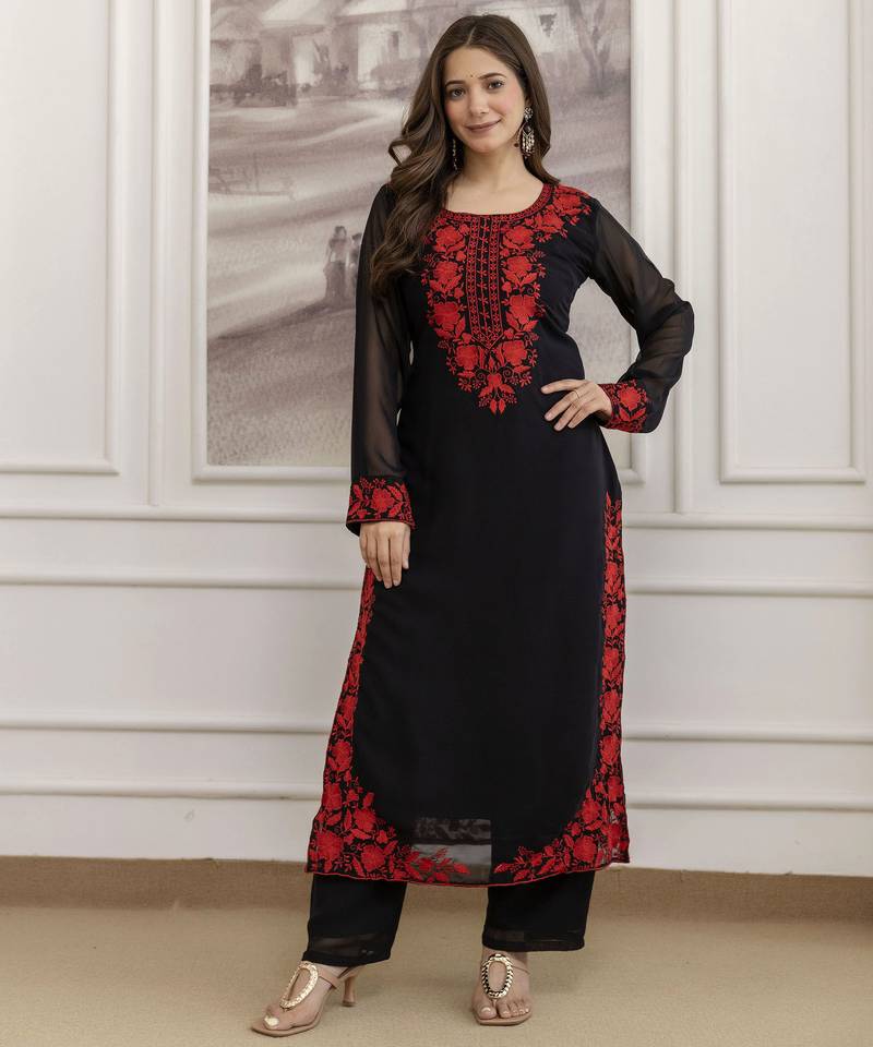 Black embroidered georgette thread work ethnic-kurtis