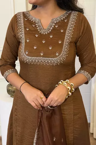 Camel-brown embroidered vichitra silk zari work ethnic-kurtis