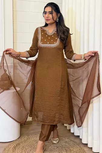 Camel-brown embroidered vichitra silk zari work ethnic-kurtis