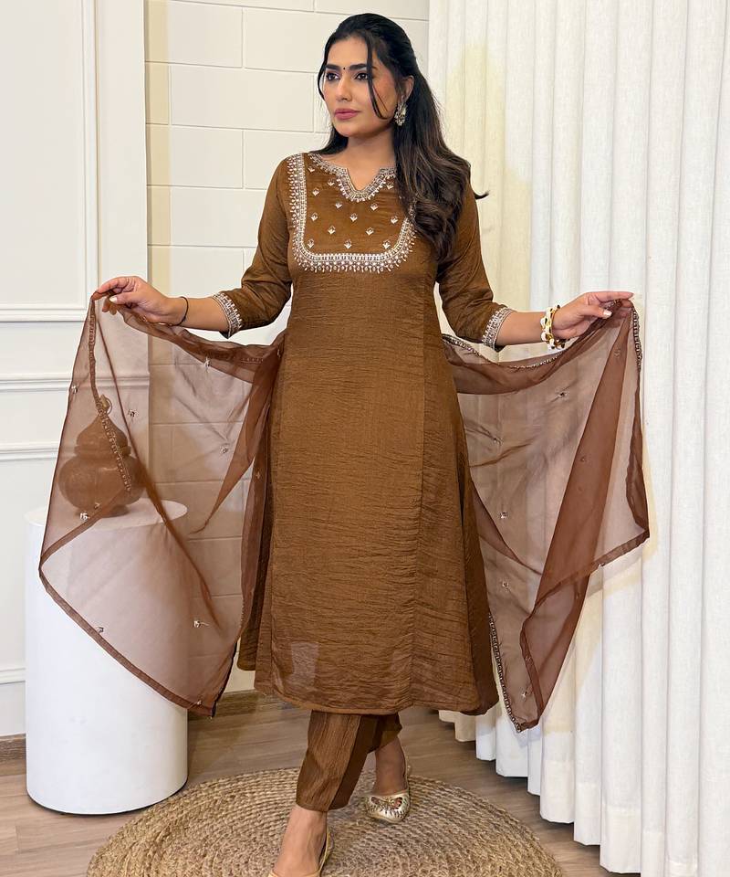 Camel-brown embroidered vichitra silk zari work ethnic-kurtis