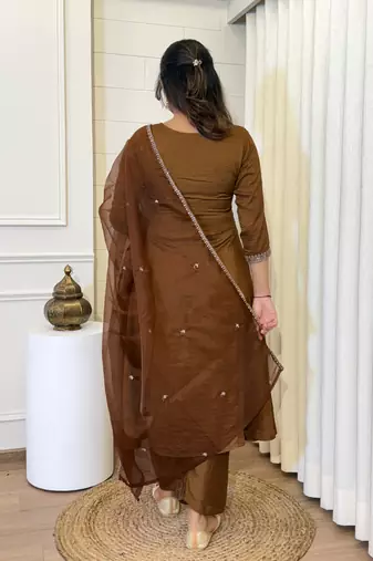 Camel-brown embroidered vichitra silk zari work ethnic-kurtis