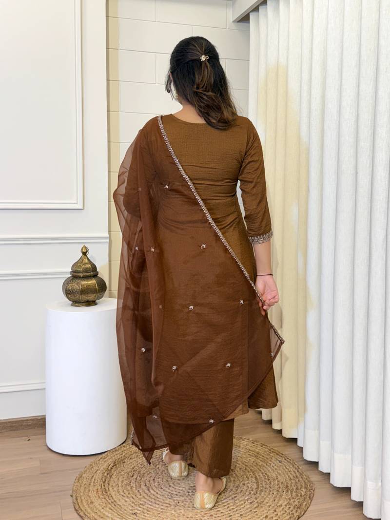 Camel-brown embroidered vichitra silk zari work ethnic-kurtis