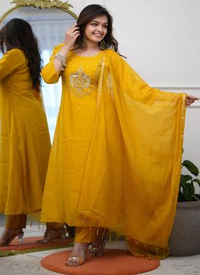 Dark-yellow embroidered chanderi sequins work ethnic-kurtis 1