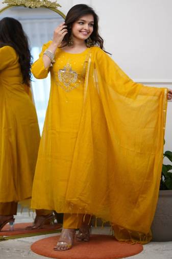 Dark-yellow embroidered chanderi sequins work ethnic-kurtis