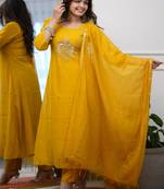 Dark-yellow embroidered chanderi sequins work ethnic-kurtis