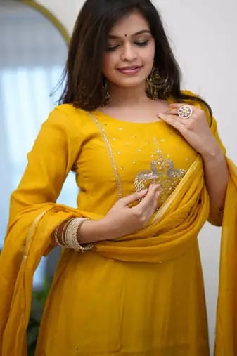 Dark-yellow embroidered chanderi sequins work ethnic-kurtis