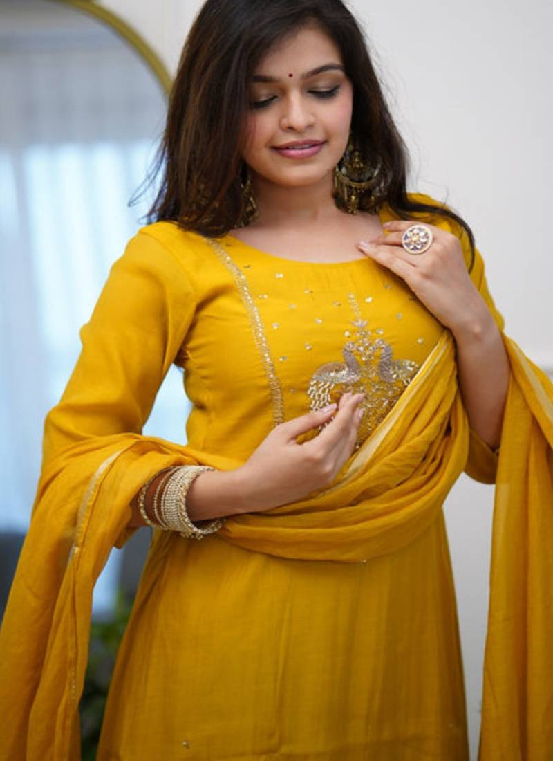 Dark-yellow embroidered chanderi sequins work ethnic-kurtis