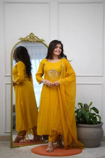 Dark-yellow embroidered chanderi sequins work ethnic-kurtis