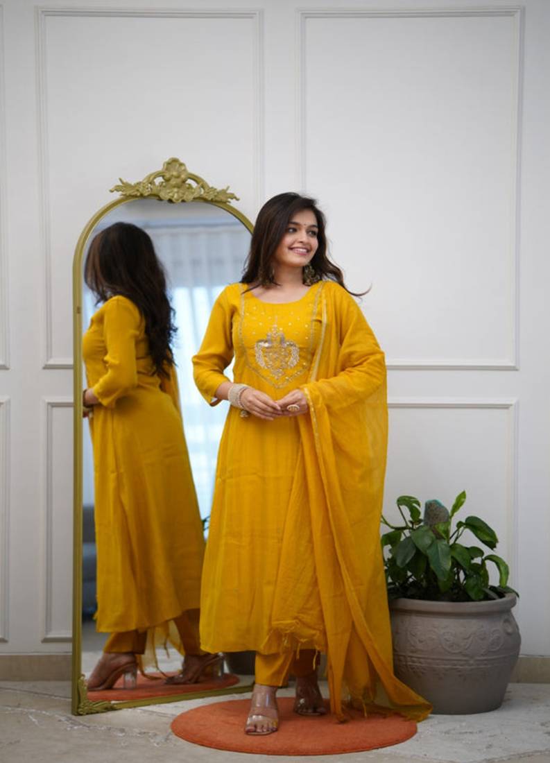 Dark-yellow embroidered chanderi sequins work ethnic-kurtis