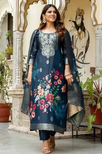 Dark-blue woven chanderi cotton resham woven ethnic-kurtis