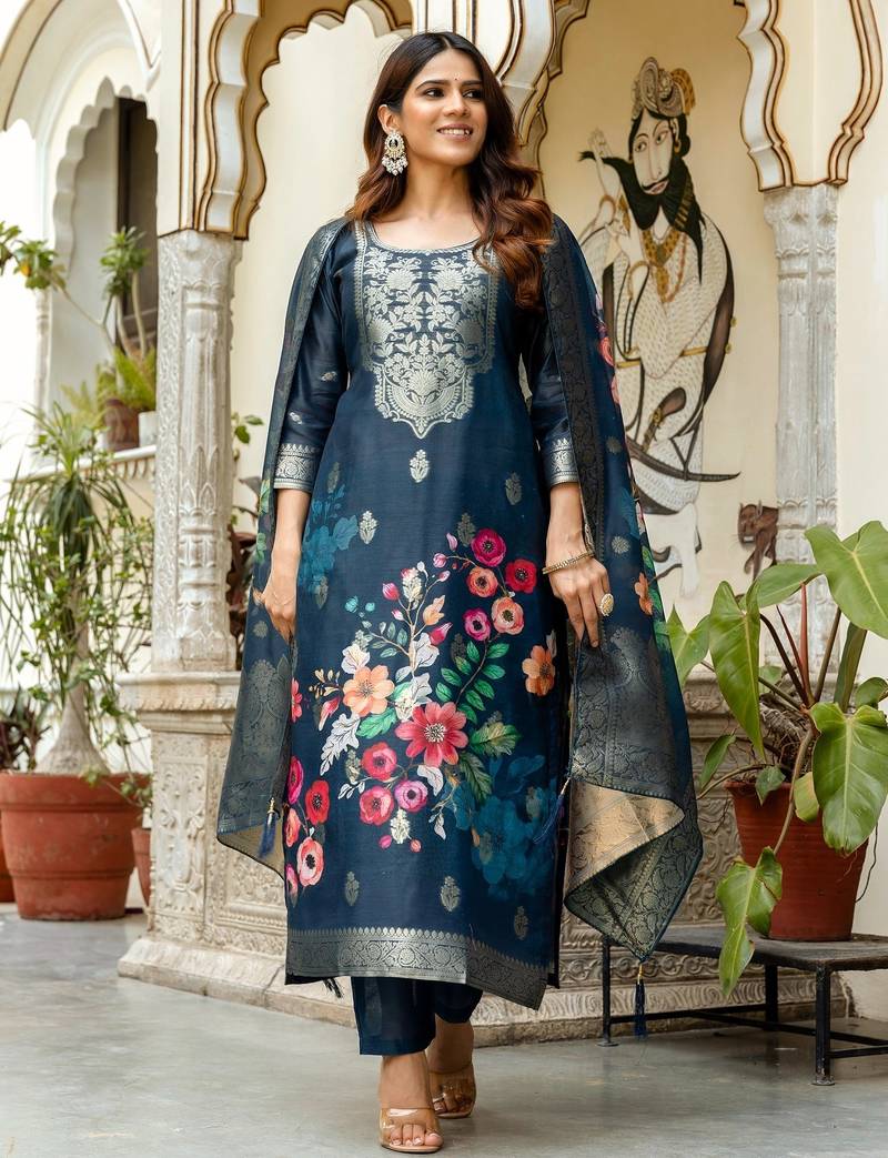 Dark-blue woven chanderi cotton resham woven ethnic-kurtis