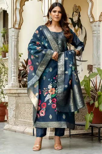Dark-blue woven chanderi cotton resham woven ethnic-kurtis