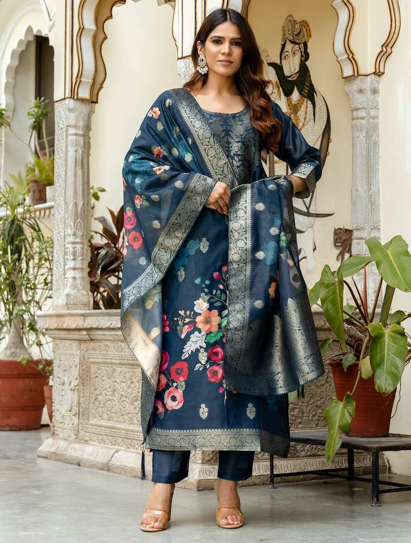 Dark-blue woven chanderi cotton resham woven ethnic-kurtis