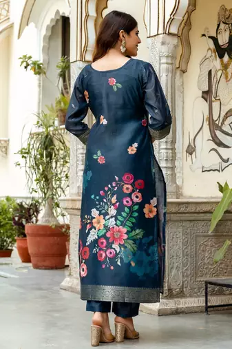 Dark-blue woven chanderi cotton resham woven ethnic-kurtis
