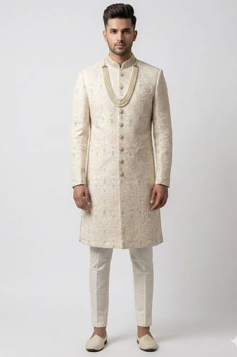 cream resham & sequin raw silk sherwani