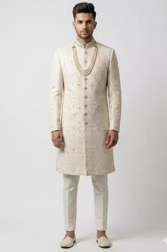 cream resham & sequin raw silk sherwani