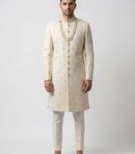 cream resham & sequin raw silk sherwani