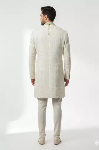cream resham & sequin raw silk sherwani