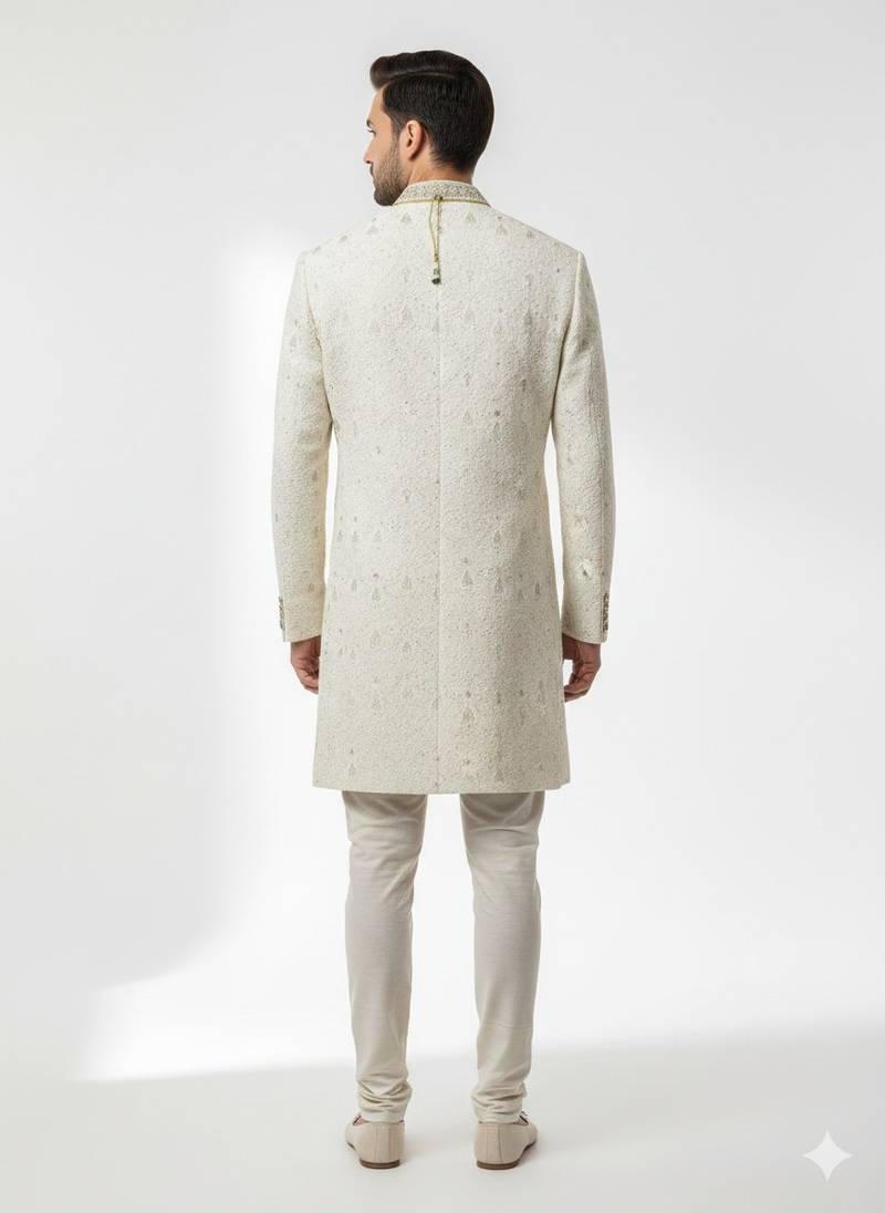 cream resham & sequin raw silk sherwani