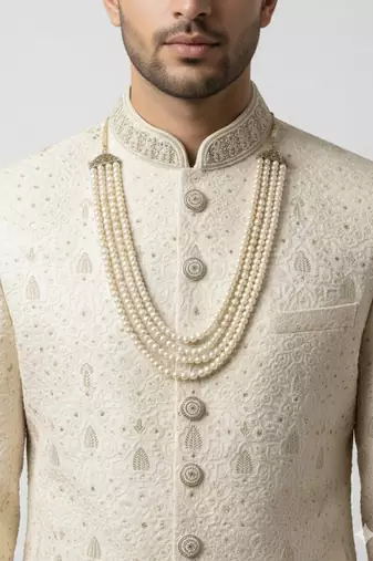 cream resham & sequin raw silk sherwani