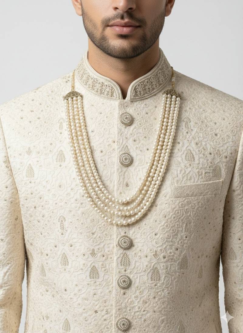 cream resham & sequin raw silk sherwani