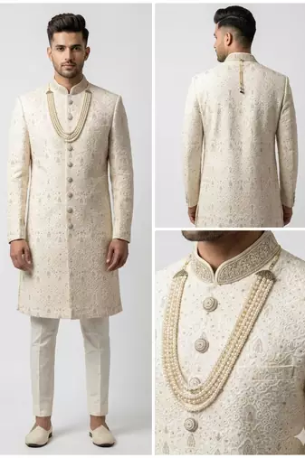 cream resham & sequin raw silk sherwani