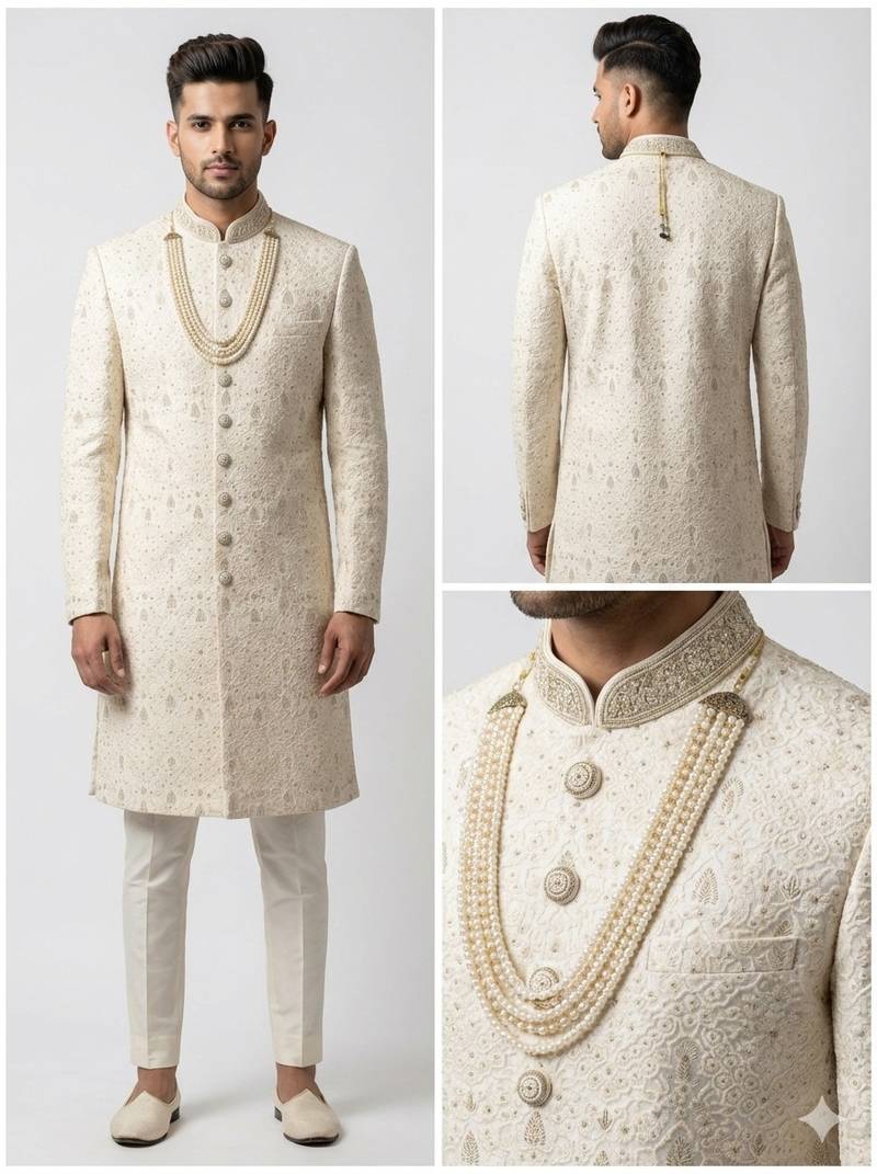 cream resham & sequin raw silk sherwani