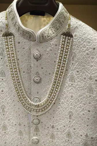cream resham & sequin raw silk sherwani