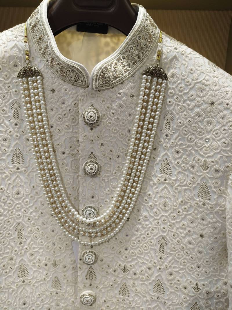 cream resham & sequin raw silk sherwani