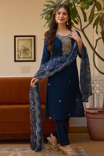 Dark-blue embroidered viscose beads ethnic-kurtis