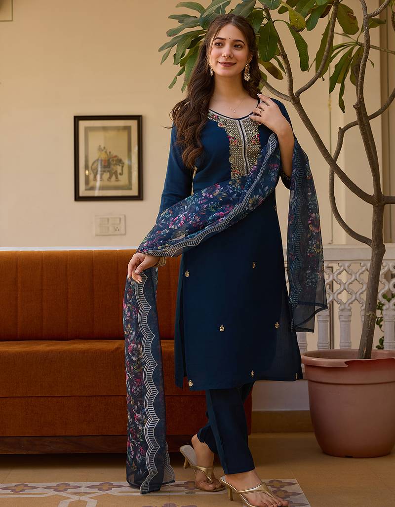 Dark-blue embroidered viscose beads ethnic-kurtis