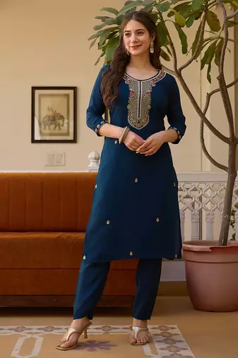 Dark-blue embroidered viscose beads ethnic-kurtis