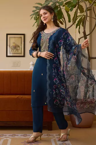 Dark-blue embroidered viscose beads ethnic-kurtis