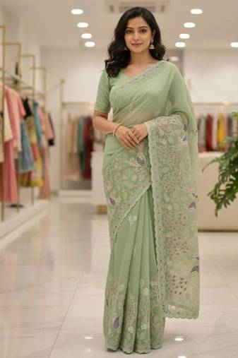 Light Green color embroidery and cut work border Crunchy silk Saree