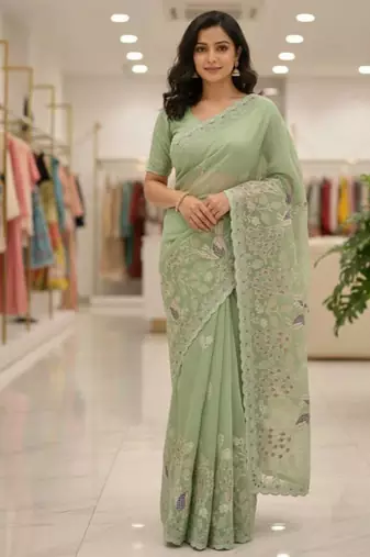 Light Green color embroidery and cut work border Crunchy silk Saree