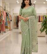 Light Green color embroidery and cut work border Crunchy silk Saree