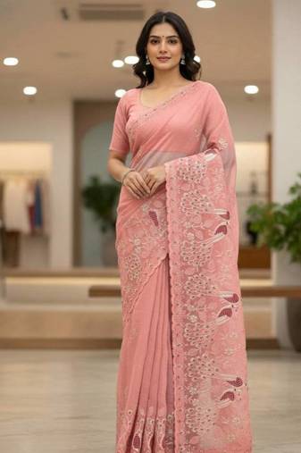 Peach color embroidery and cut work border Crunchy silk Saree