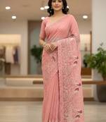 Peach color embroidery and cut work border Crunchy silk Saree
