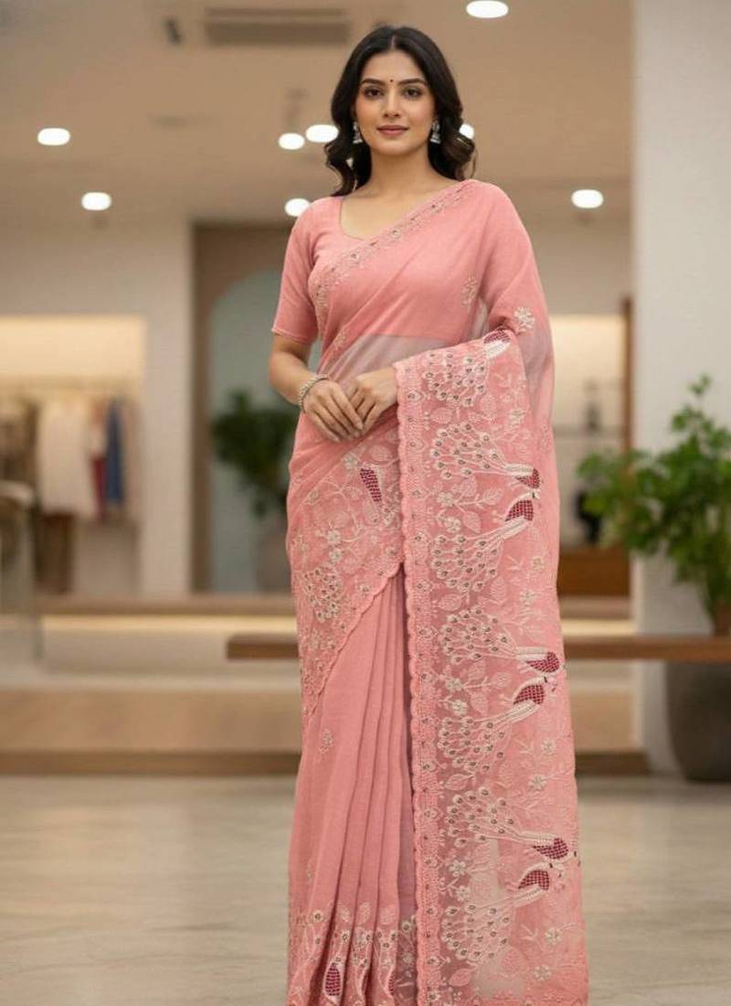 Peach color embroidery and cut work border Crunchy silk Saree