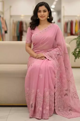 Pink color embroidery and cut work border Crunchy silk Saree