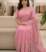 Pink color embroidery and cut work border Crunchy silk Saree