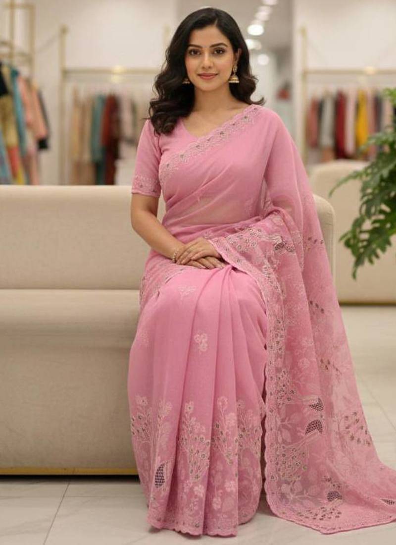 Pink color embroidery and cut work border Crunchy silk Saree