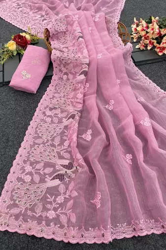 Pink color embroidery and cut work border Crunchy art silk saree