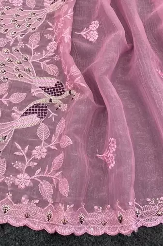 Pink color embroidery and cut work border Crunchy art silk saree