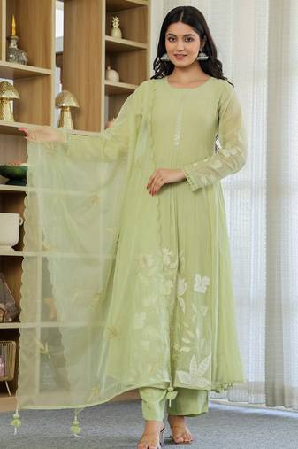 Light-parrot-green embroidered chanderi silk sequins work ethnic-kurtis