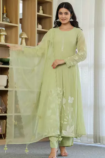 Light-parrot-green embroidered chanderi silk sequins work ethnic-kurtis
