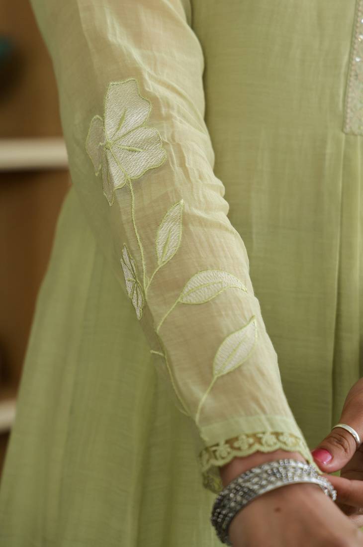 Light-parrot-green embroidered chanderi silk sequins work ethnic-kurtis