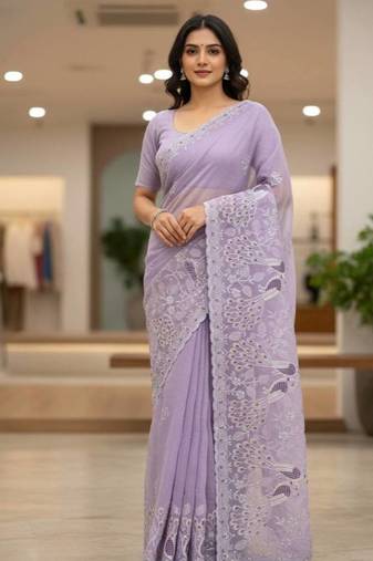 Purple color embroidery and cut work border Crunchy silk Saree