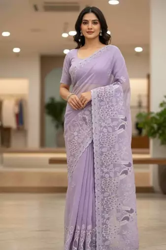 Purple color embroidery and cut work border Crunchy silk Saree